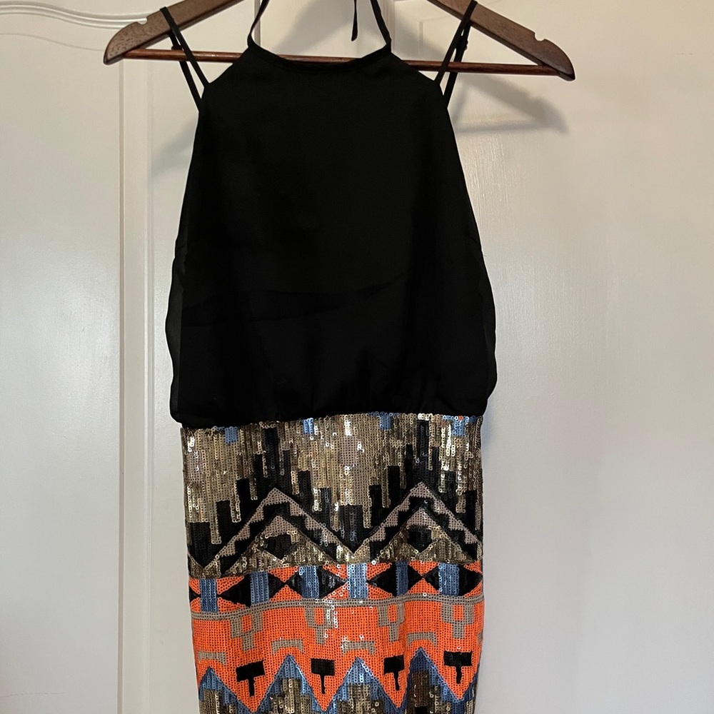 Jealous Tomato Black and Orange Sequin Halter Mini Dress